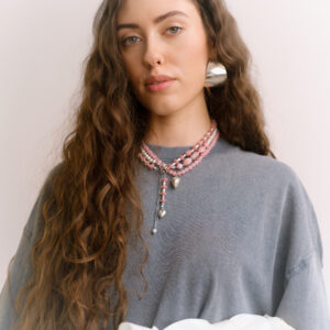 Naszyjnik z różowych koralików i naturalnych pereł  z vintage zawieszką Serce